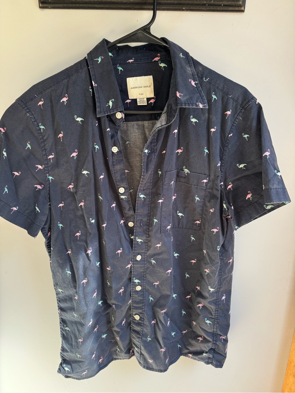 American Eagle Outfitters Navy Short-Sleeve Flamingo Print Button-Up